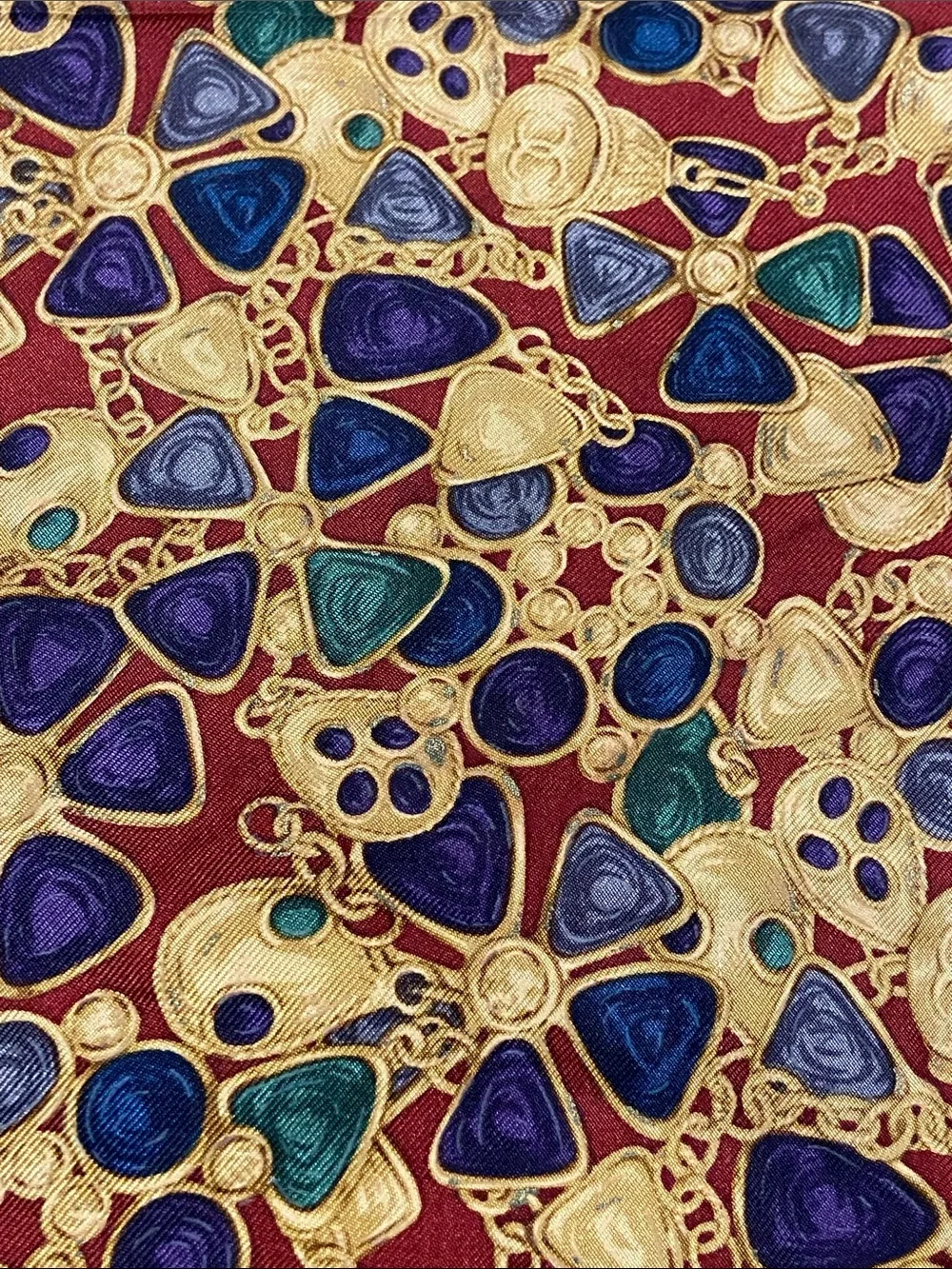Chanel Silk Square Scarf with Jewel Motif - Red, Gold, Blue, Green